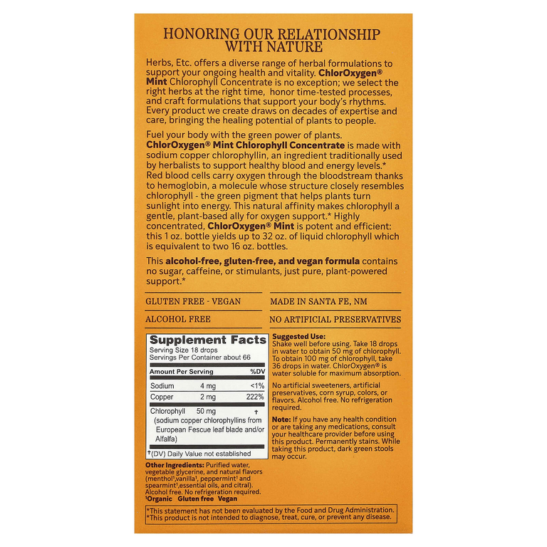 Herbs Etc., концентрат хлорофилла, без спирта, мята, 30 мл (1 жидк. Унция)