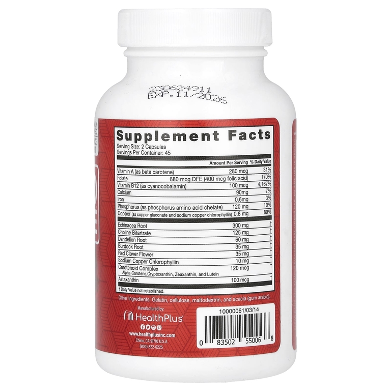 Health Plus, комплекс для для поддержания здорового функционирования клеток крови и детоксикации крови, 90 капсул