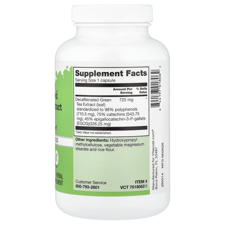 Vitacost, Decaffeinated Green Tea Extract, 725 mg, 200 Capsules