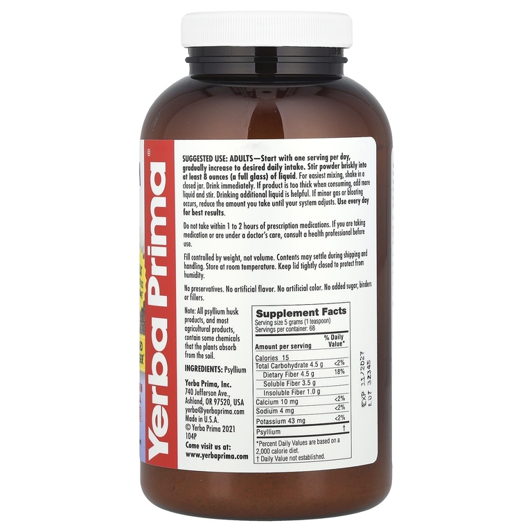 Yerba Prima, порошок из шелухи семян подорожника, 340 г (12 унций)