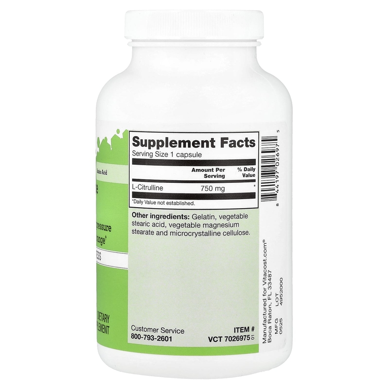 Vitacost, L-цитруллин, 750 мг, 180 капсул