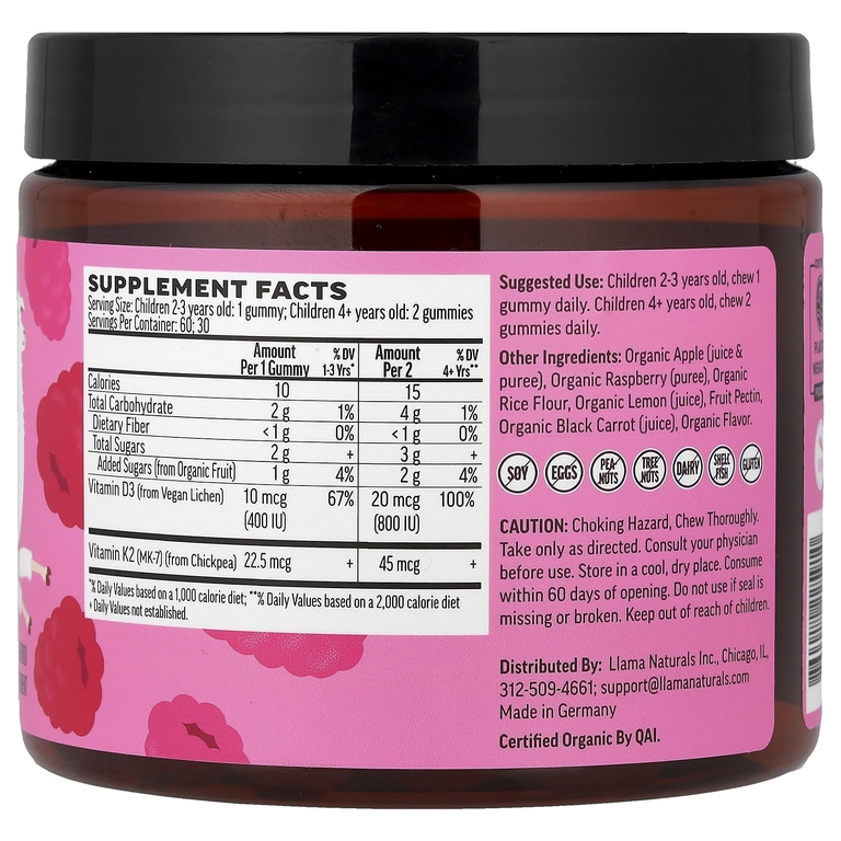 Llama Naturals, витамины D3 и K2 для детей, настоящие фруктовые жевательные таблетки, со вкусом малины, 60 жевательных таблеток