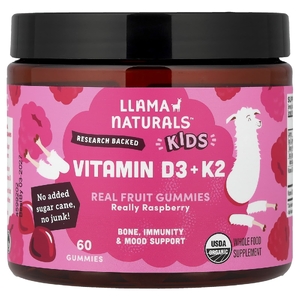 Llama Naturals, витамины D3 и K2 для детей, настоящие фруктовые жевательные таблетки, со вкусом малины, 60 жевательных таблеток
