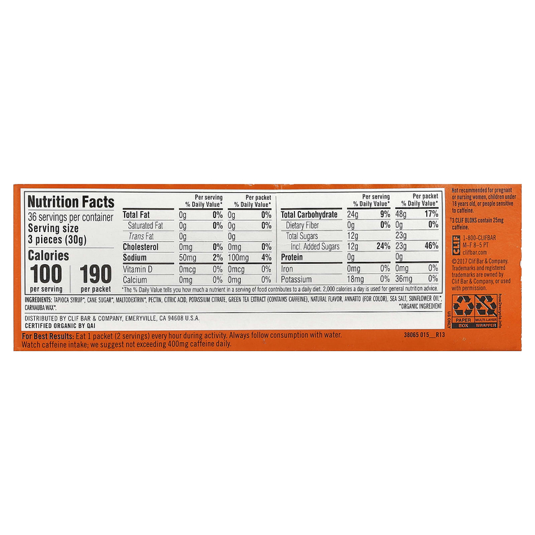 Clif Bar, Bloks® Energy жевательные таблетки, со вкусом апельсина, 18 пакетиков по 60 г (2,12 унции)