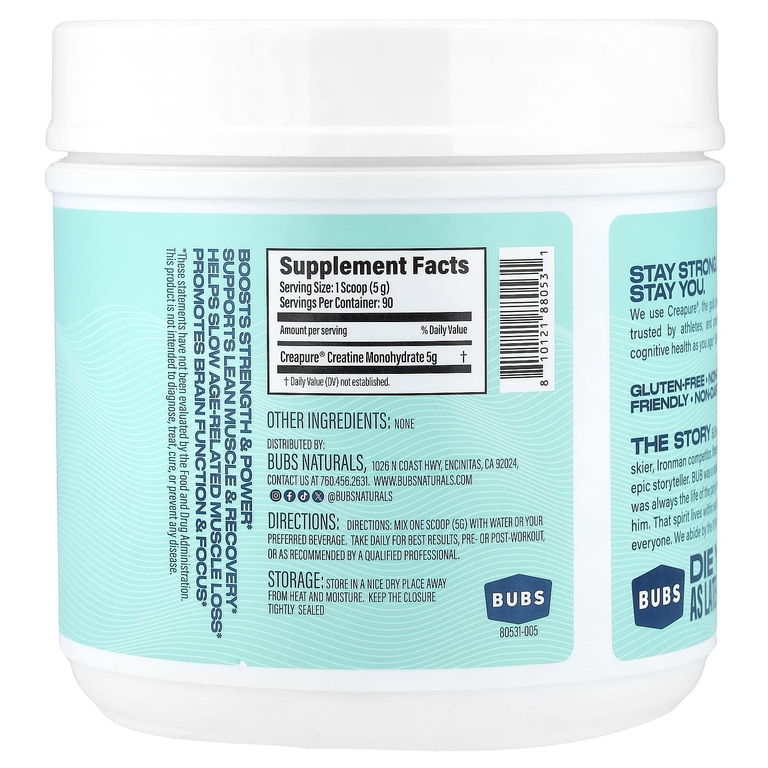 BUBS Naturals, Bubs Boost, моногидрат креатина, без добавок, 450 г (15,9 унции)