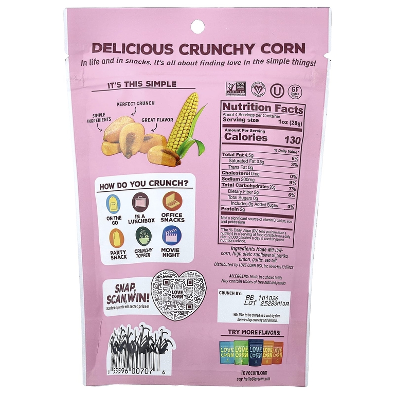 Love Corn, вкусная хрустящая кукуруза, барбекю, 115 г (4 унции)
