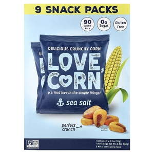 Love Corn, вкусная хрустящая кукуруза, с морской солью, 9 пакетиков по 20 г (0,7 унции)