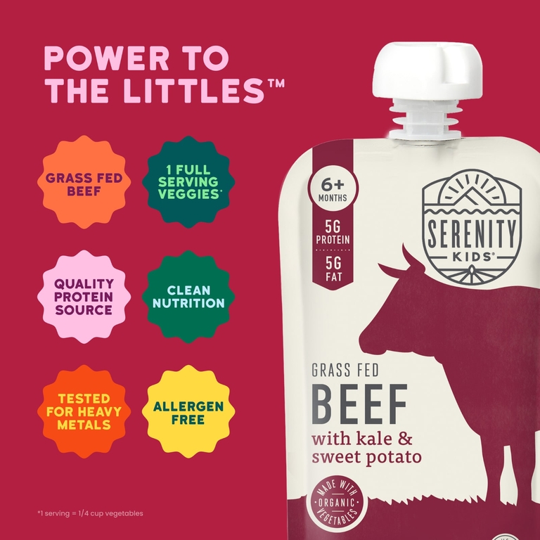 Serenity Kids, говядина травяного откорма с капустой и бататом, для детей от 6 месяцев, 6 паучей по 99 г (3,5 унции)