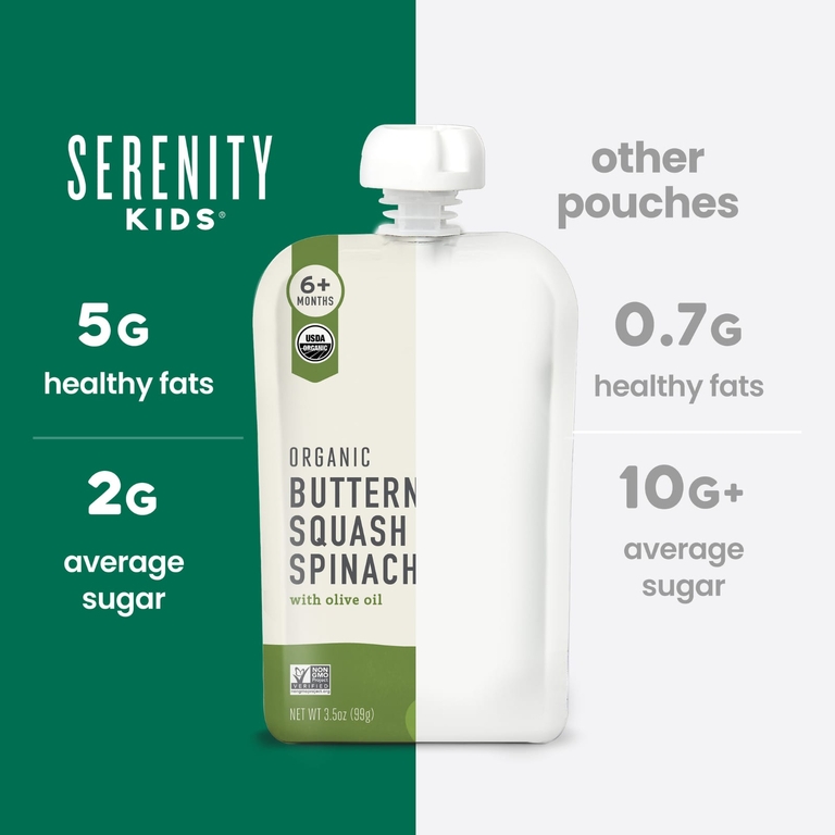 Serenity Kids, органическая мускатная тыква и шпинат с оливковым маслом, для детей от 6 месяцев, 6 паучей по 99 г (3,5 унции)