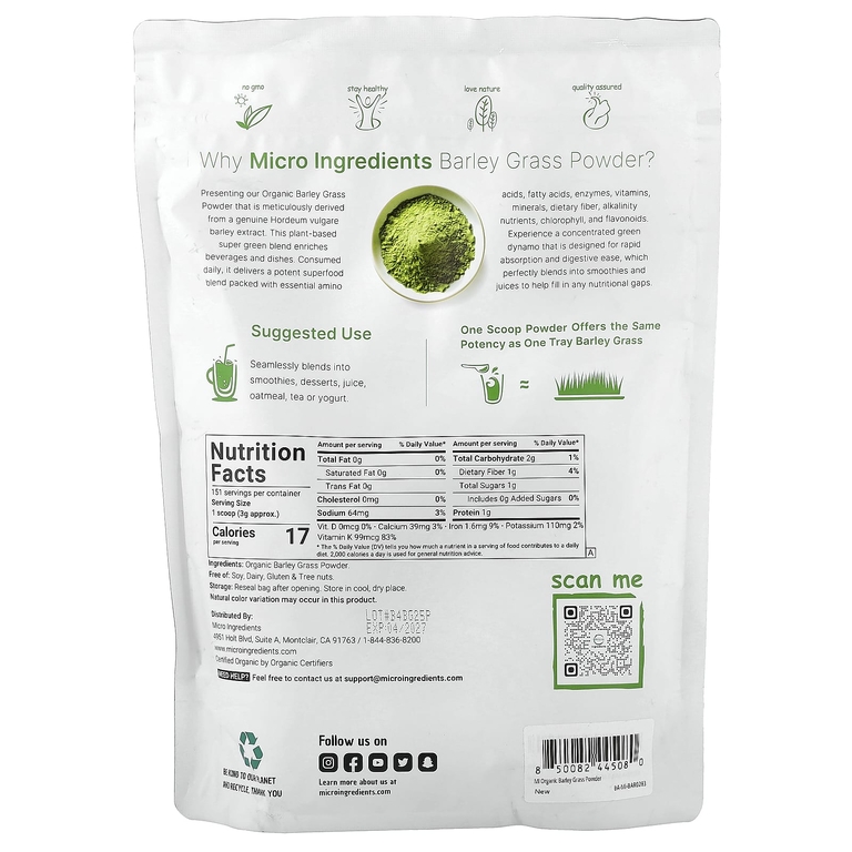 Micro Ingredients, порошок из органических ростков ячменя, 454 г (16 унций)