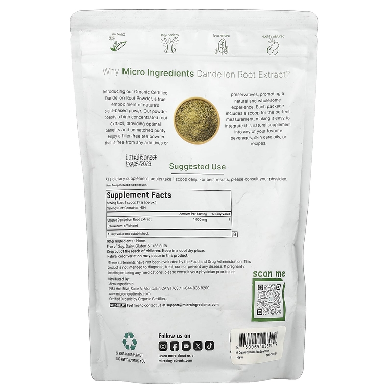 Micro Ingredients, органический экстракт корня одуванчика, 454 г (1 фунт)