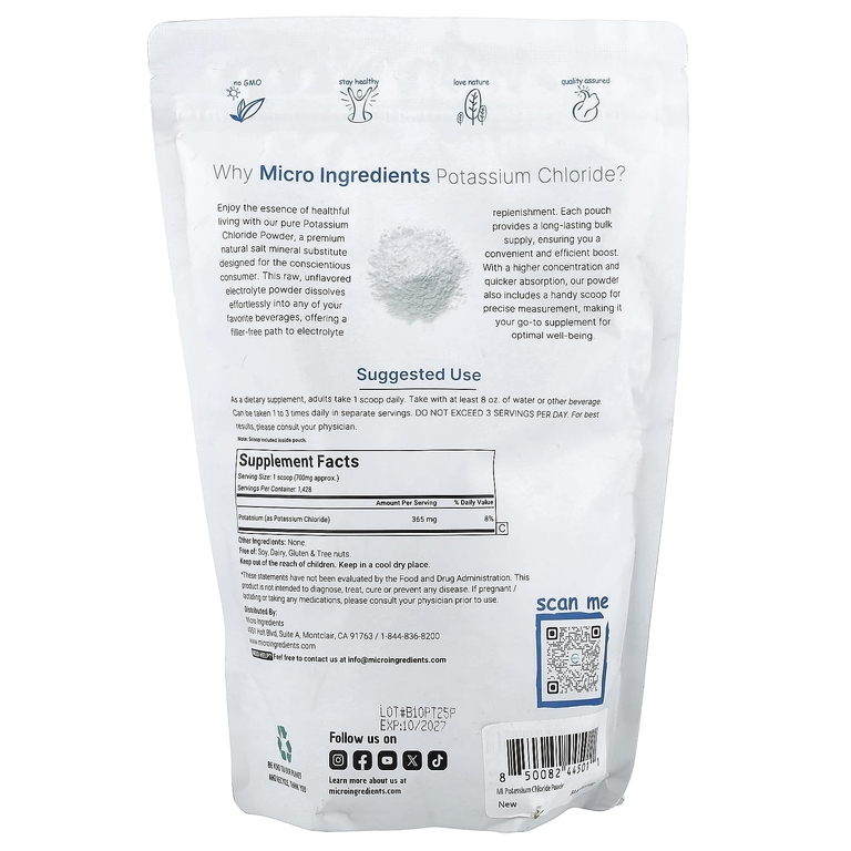Micro Ingredients, хлорид калия, 1 кг (2,2 фунта)