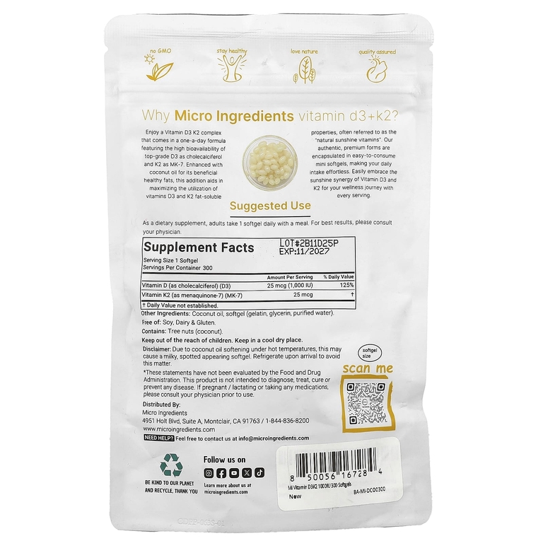 Micro Ingredients, витамины D3 и K2, 300 мягких таблеток