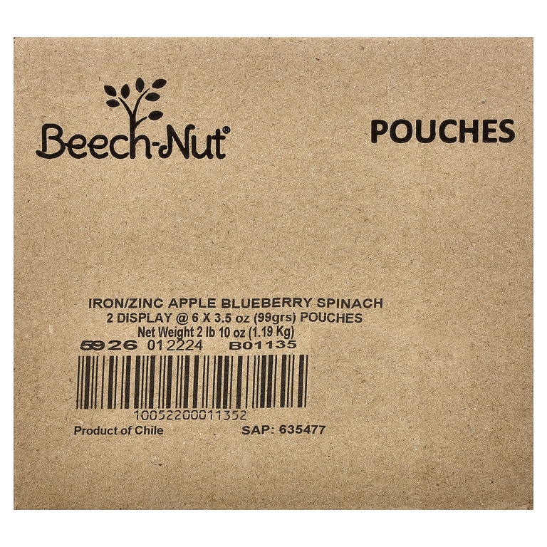 Beech-Nut, железо и цинк, для детей от 12 месяцев, яблоко, голубика и шпинат, 6 паучей по 99 г (3,5 унции)