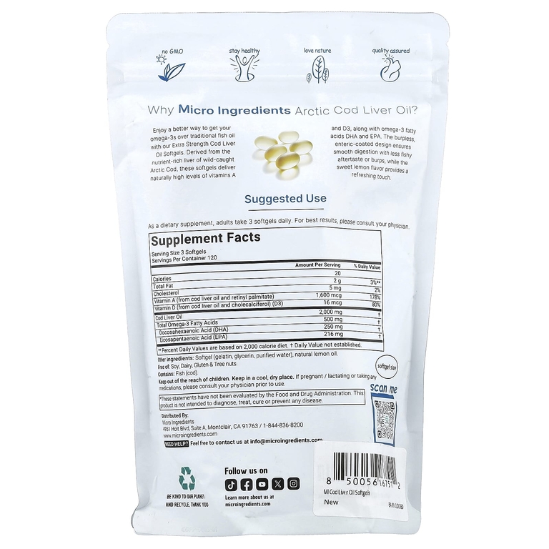 Micro Ingredients, жир печени арктической трески, лимон, 360 капсул (666 мг в 1 капсуле)