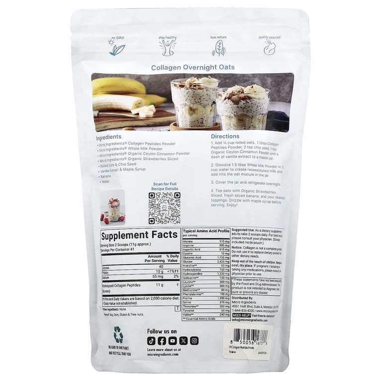 Micro Ingredients, пептиды коллагена, без вкусовых добавок, 454 г (454 фунта)