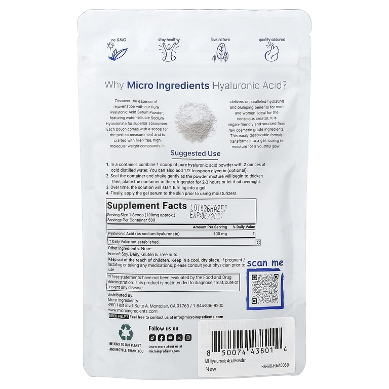Micro Ingredients, гиалуроновая кислота в порошке, 50 г (1,76 унции)