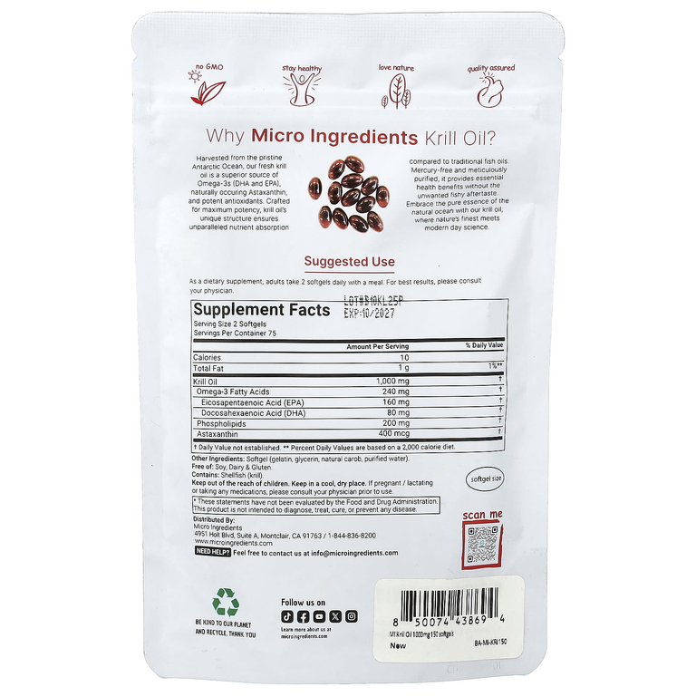 Micro Ingredients, масло антарктического криля, 150 капсул (500 мг в 1 капсуле)