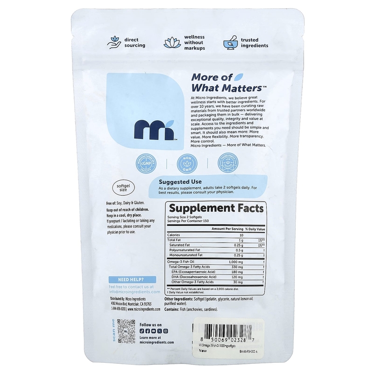 Micro Ingredients, рыбий жир с омега-3, лимон, 300 капсул (500 мг в 1 капсуле)