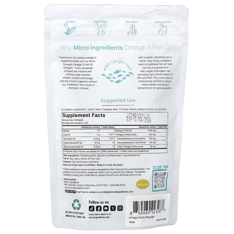 Micro Ingredients, рыбий жир с омега-3, лимон, 300 капсул (500 мг в 1 капсуле)
