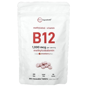 Micro Ingredients, витамин B12, натуральный клубничный вкус, 1000 мкг, 365 жевательных таблеток