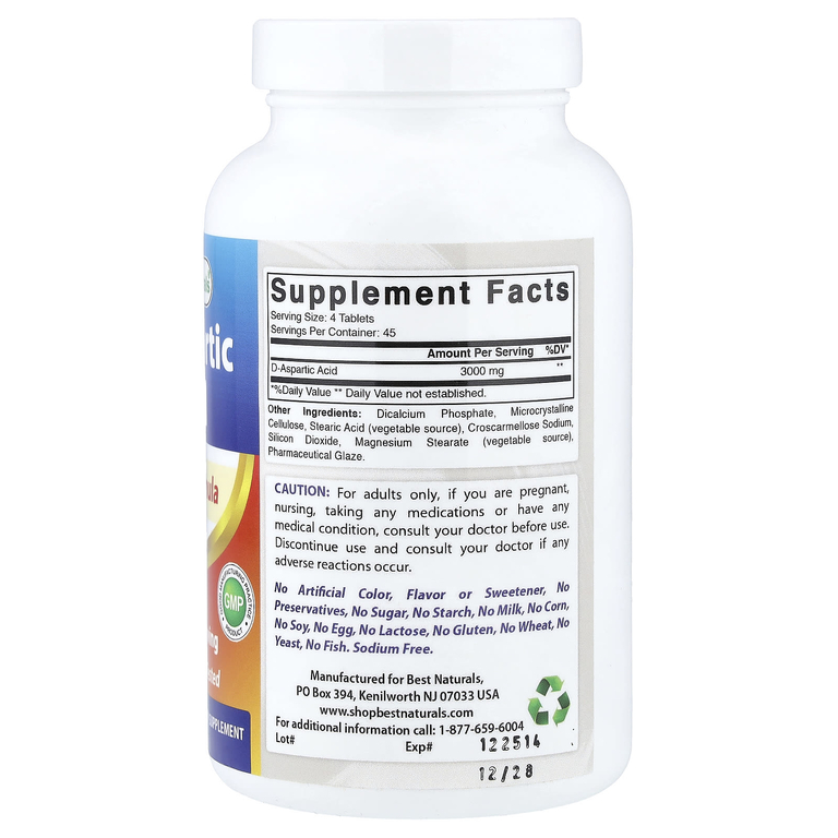 Best Naturals, D-аспарагиновая кислота, 180 таблеток (750 мг в 1 таблетке)