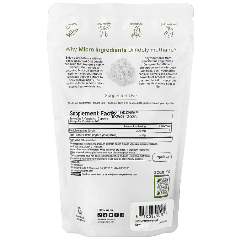 Micro Ingredients, DIM с экстрактом чёрного перца, 240 вегетарианских капсул