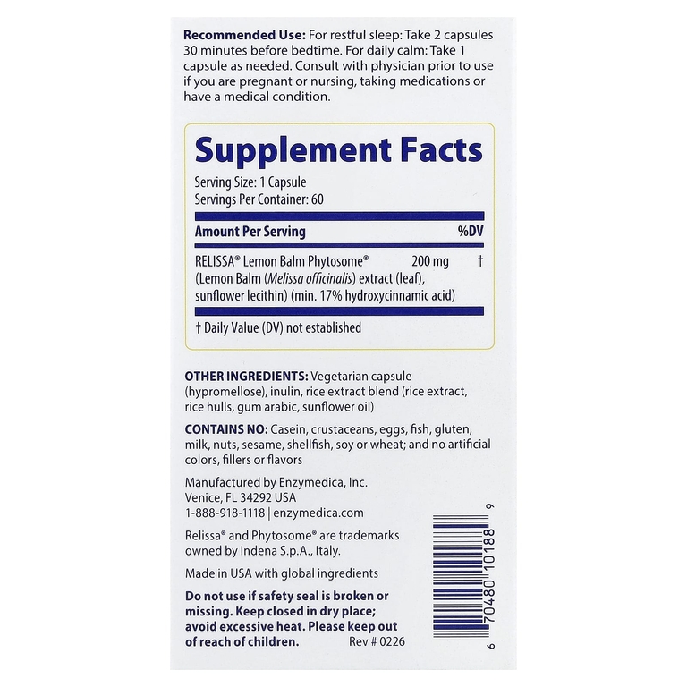 Enzymedica, Sleep & Stress, 60 капсул (200 мг в капсуле)