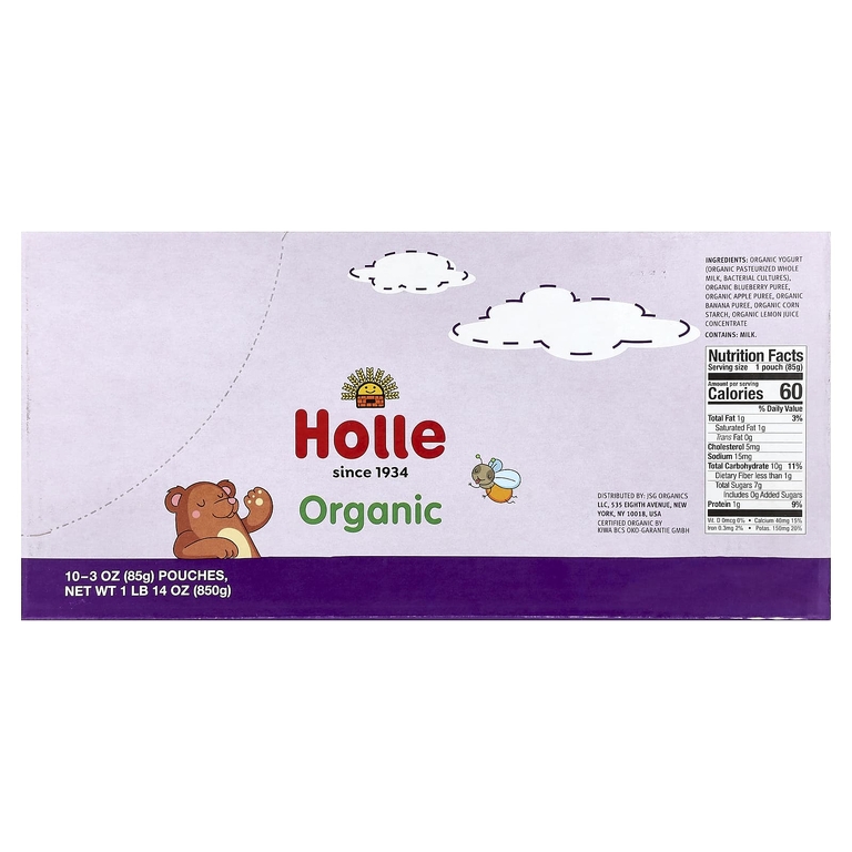 Holle, органический йогурт с фруктовым пюре, для детей от 8 месяцев, голубика, яблоко и банан, 10 паучей по 85 г (3 унции)