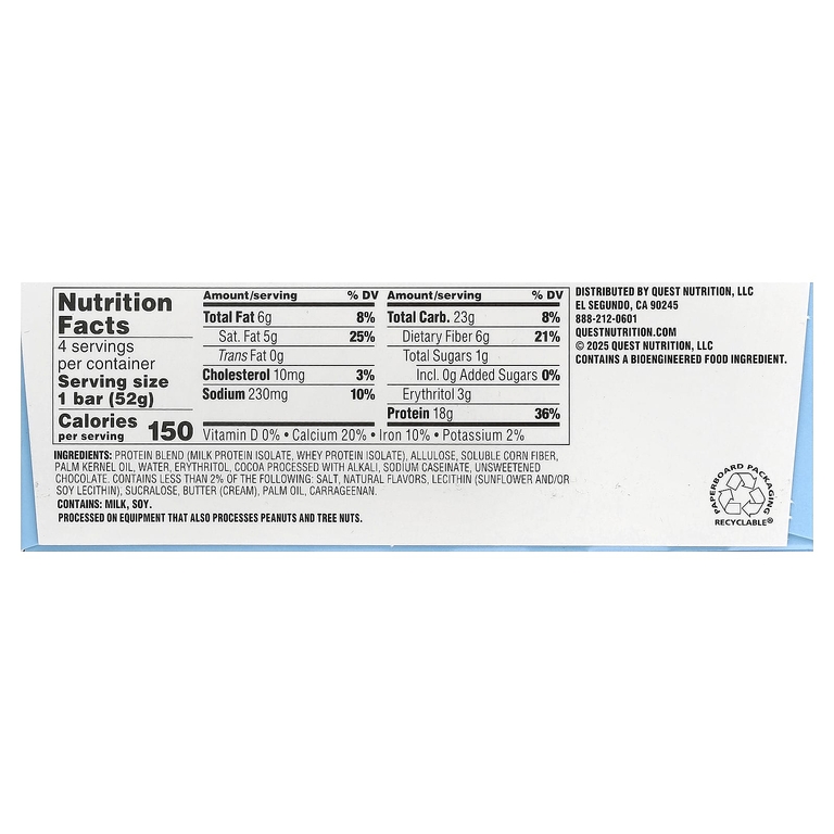 Quest Nutrition, протеиновый батончик, хрустящее печенье с кремом, 4 батончика по 52 г (1,83 унции)