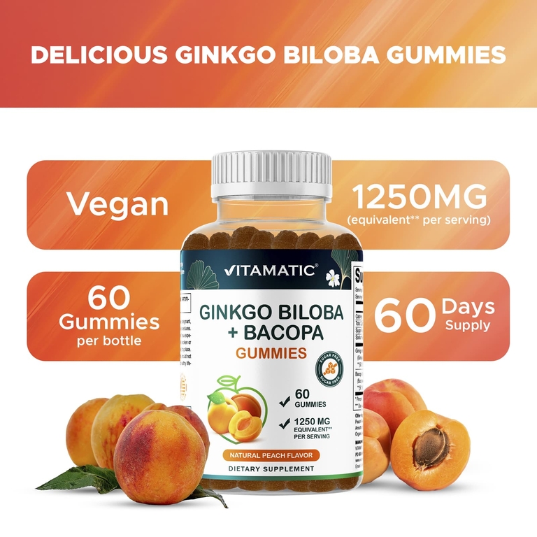 Vitamatic, жевательные таблетки с гинкго билоба и бакопой, натуральный персиковый вкус, 60 жевательных таблеток