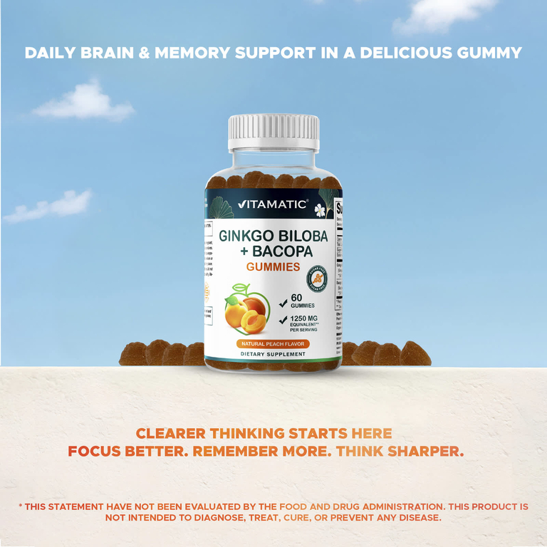 Vitamatic, жевательные таблетки с гинкго билоба и бакопой, натуральный персиковый вкус, 60 жевательных таблеток