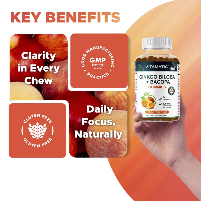 Vitamatic, жевательные таблетки с гинкго билоба и бакопой, натуральный персиковый вкус, 60 жевательных таблеток