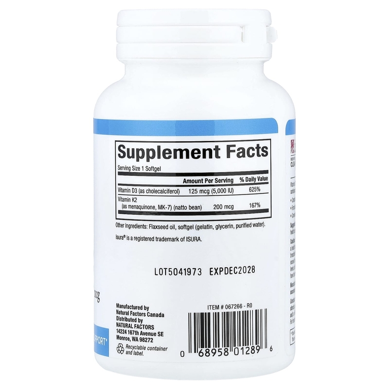 Natural Factors, витамины D3 и K2, 120 капсул