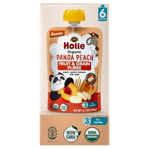 Holle, органическое фруктово-зерновое пюре, панда, персик, для детей от 8 месяцев, персик, абрикос, банан и полба, 6 паучей по 100 г (3,5 унции)