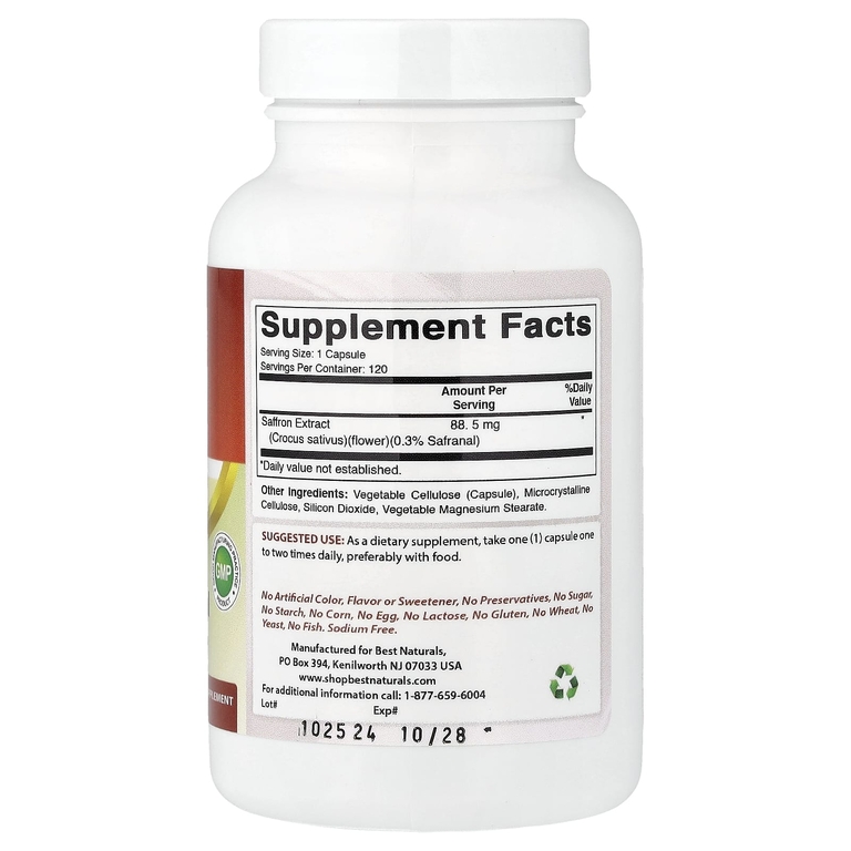 Best Naturals, экстракт шафрана, 120 вегетарианских капсул (88,5 мг в 1 капсуле)