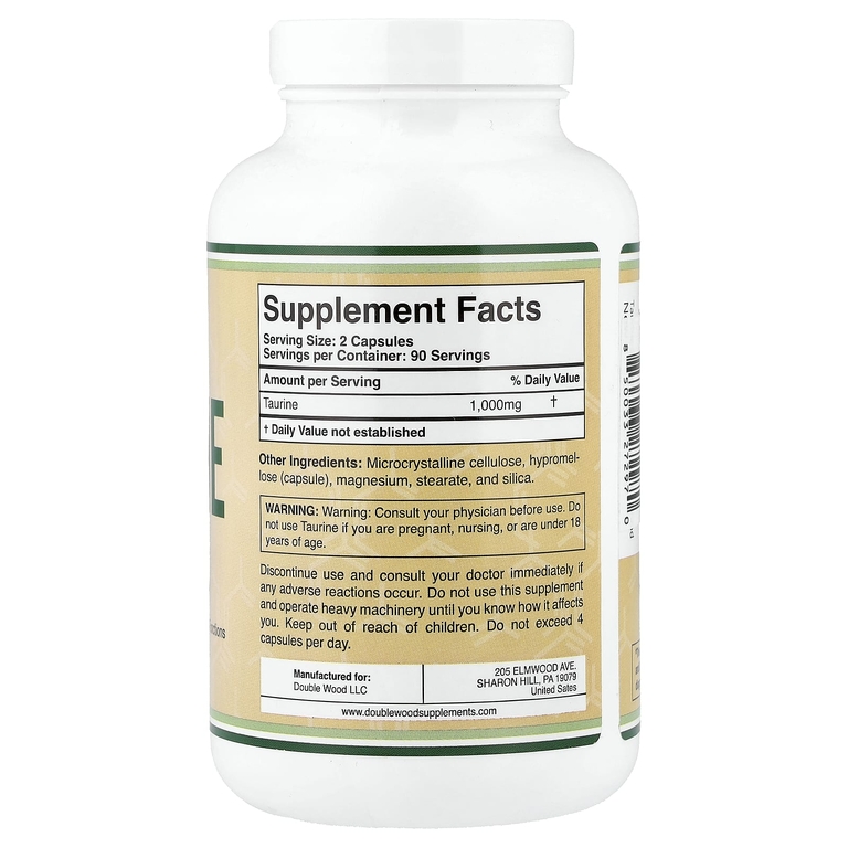 Double Wood Supplements, таурин, 180 капсул (500 мг в 1 капсуле)