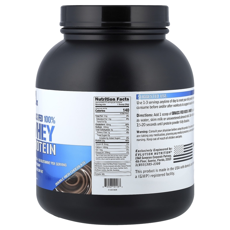 EVLution Nutrition, 100% сывороточный протеин от коров травяного откорма, двойной шоколад, 907 г (2 фунта)