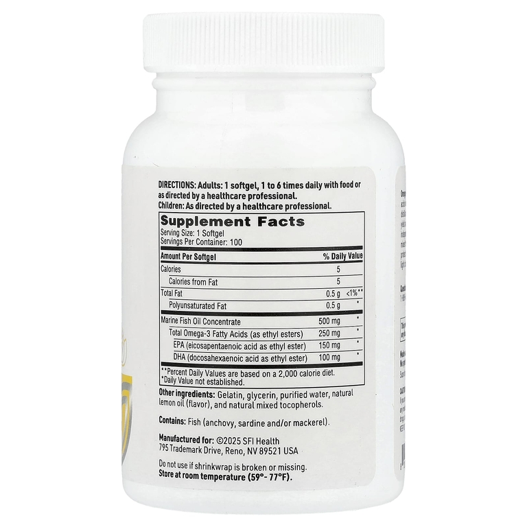 SFI Health, Omega-3 Mini, натуральный лимонный фолк, 100 мягких капсул (250 мг в 1 капсуле)