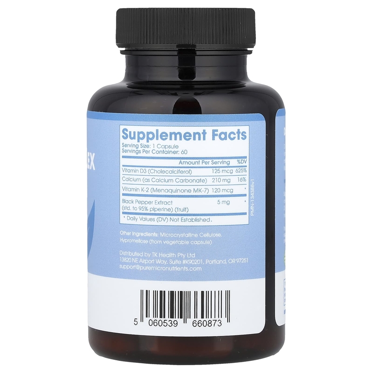 Pure Micronutrients, Комплекс D3 + K2 с кальцием и чёрным перцем, 60 капсул