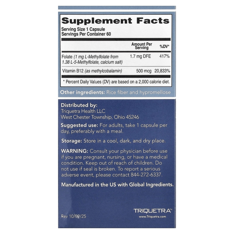 Triquetra Health, L-метилфолат 5 MTHF и метил B12, 60 капсул