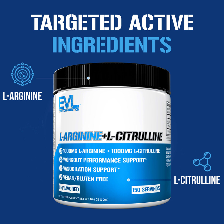 EVLution Nutrition, L-аргинин + L-цитруллин, без вкусовых добавок, 300 г (10,6 унции)