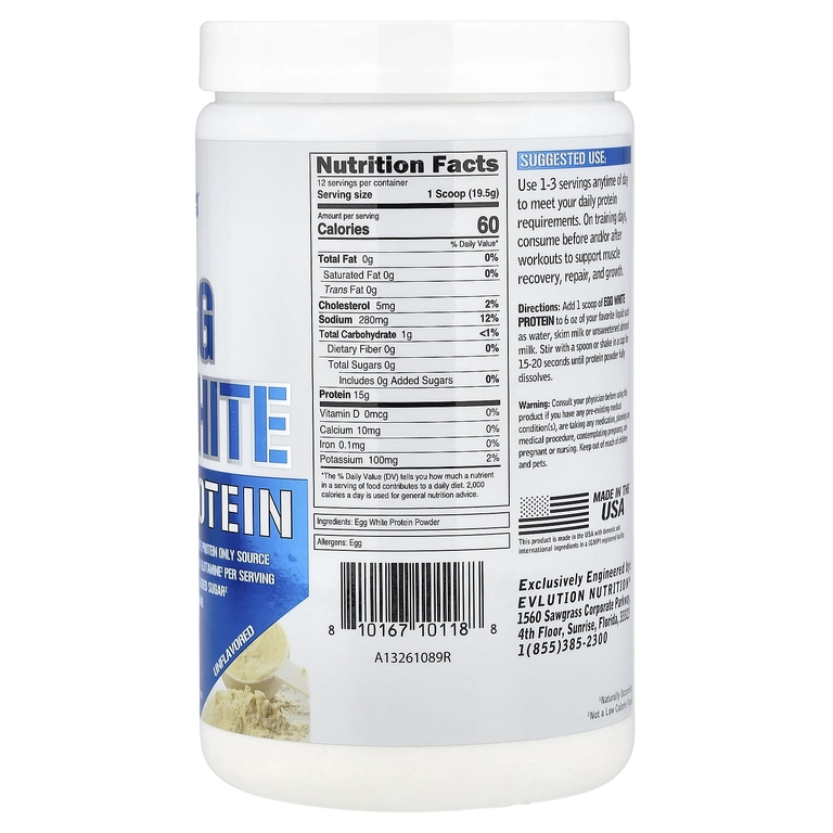 EVLution Nutrition, Яичный белок, без добавок, 0,5 фунта (234 г)