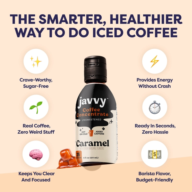 Javvy Coffee, Концентрат кофе с добавлением кофеина, карамель, 177 мл (6 жидк. унций)