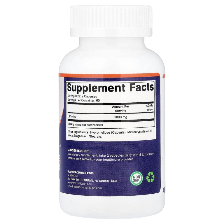 Vitamatic, L-пролин, 120 растительных капсул (500 мг в 1 капсуле)