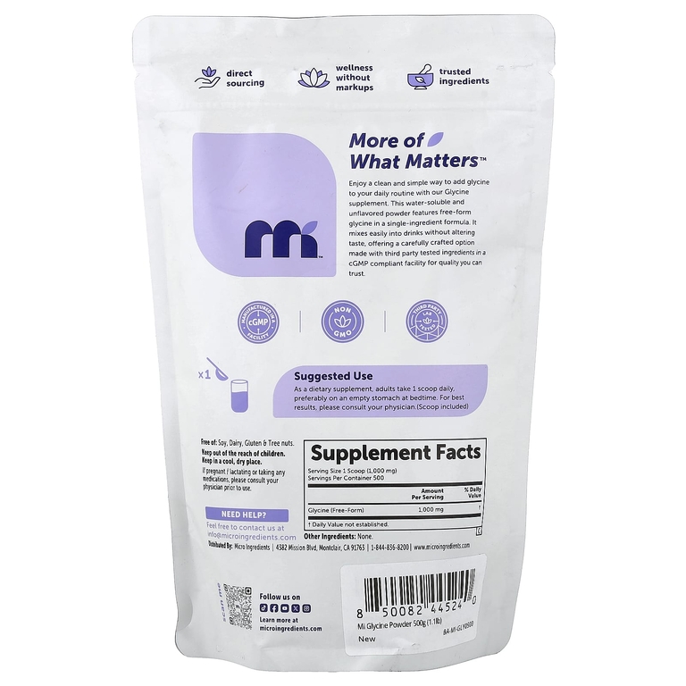 Micro Ingredients, Глицин в порошке, без добавок, 500 г