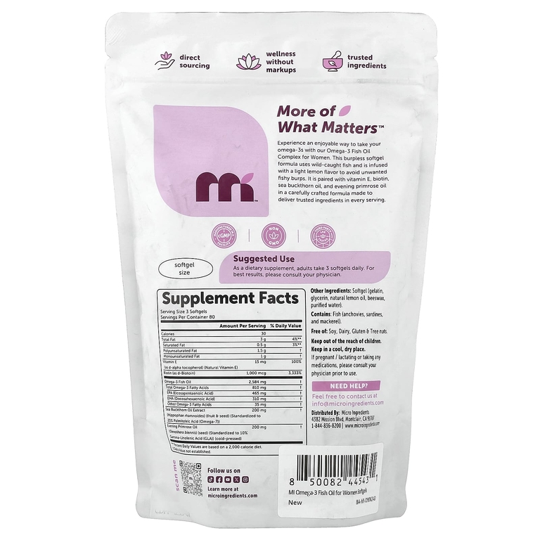 Micro Ingredients, Комплекс с рыбьим жиром омега-3 для женщин, лимон, 240 мягких капсул