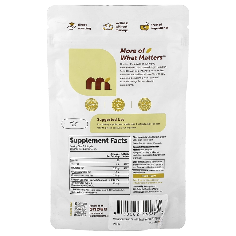 Micro Ingredients, Масло из тыквенной сливой пальмы, 75 капсул