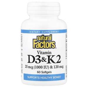 Natural Factors, витамины D3 и K2, 25 мкг (1000 МЕ) и 120 мкг, 60 капсул
