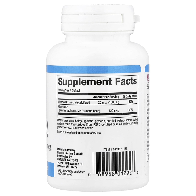 Natural Factors, витамины D3 и K2, 25 мкг (1000 МЕ) и 120 мкг, 60 капсул